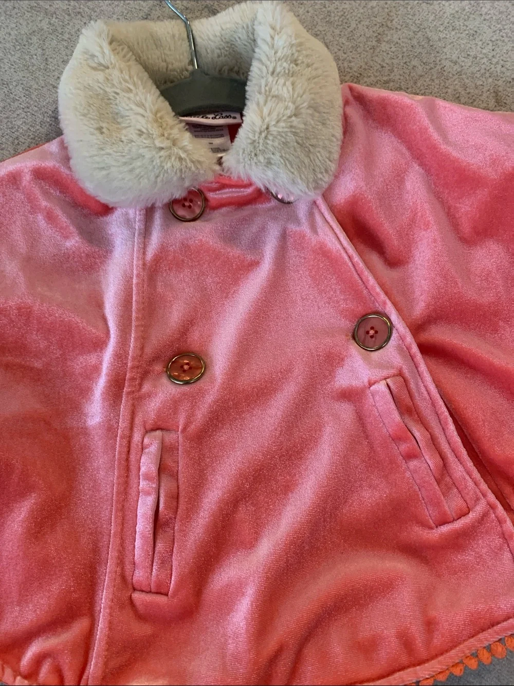 Baby / Toddler Pink Velvet Cape with Cream Faux Fur Collar